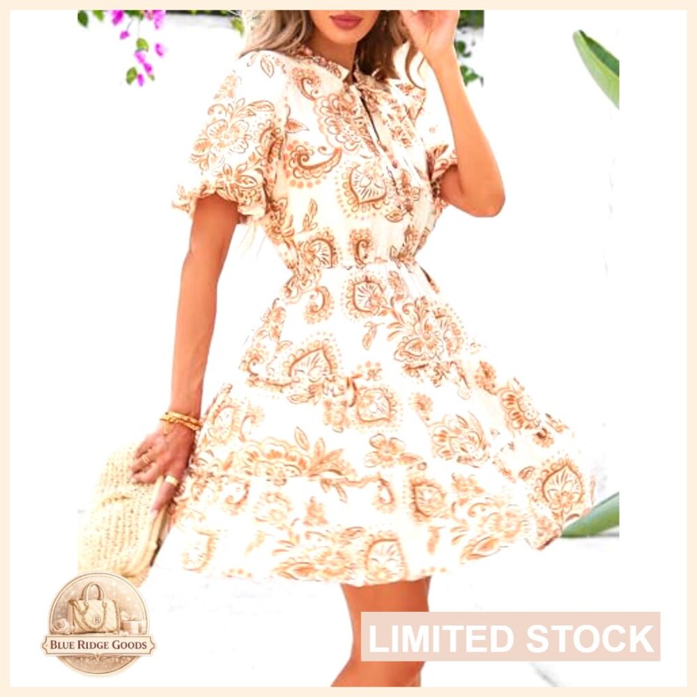 Boho Floral Mini Dress Tiered Ruffle V Neck Short Sleeve A Line Summer - Picture 6 of 7
